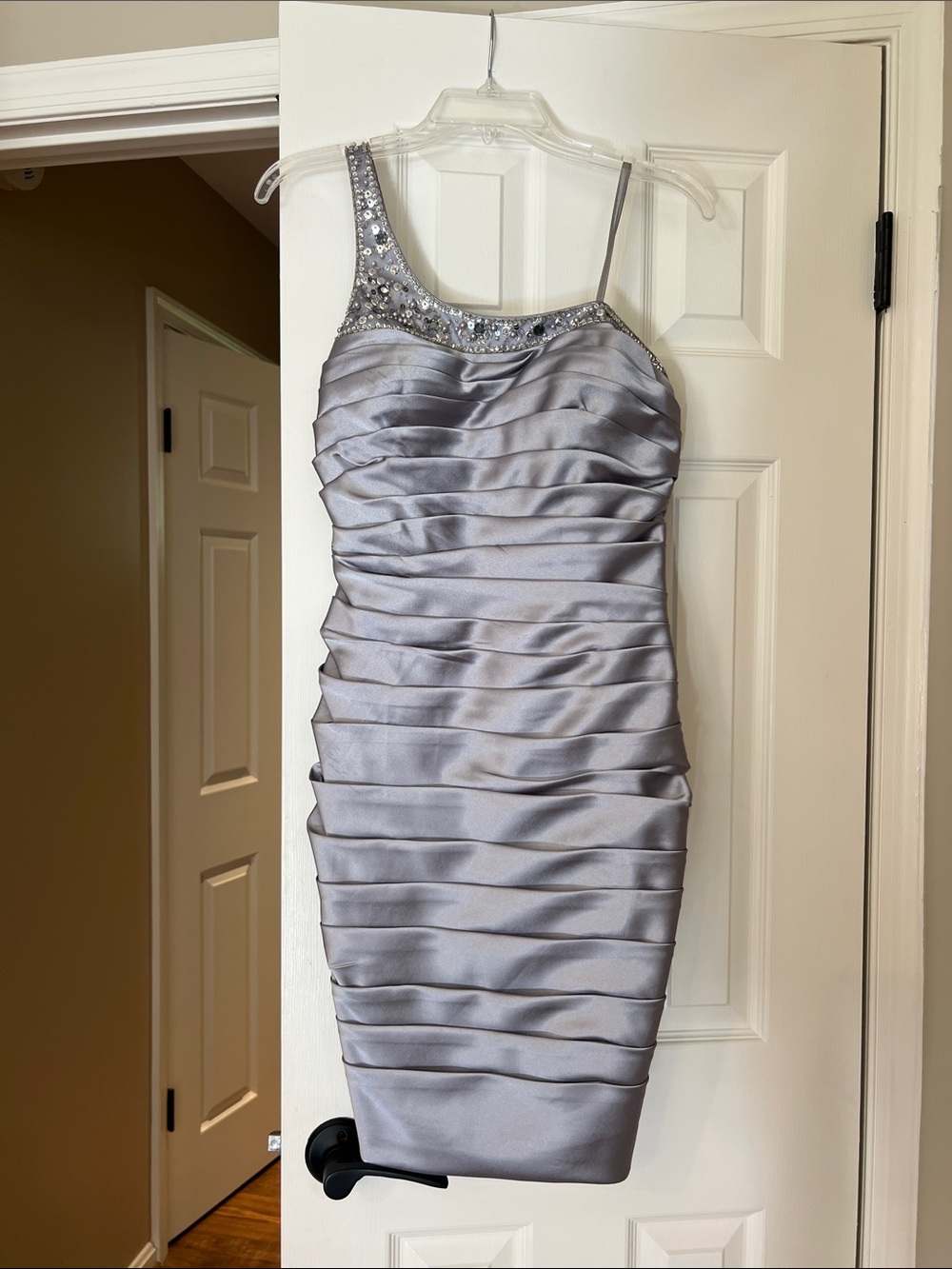 Adrianna Papell Silver One-Shoulder Ruched Satin Sheath with Beaded Strap